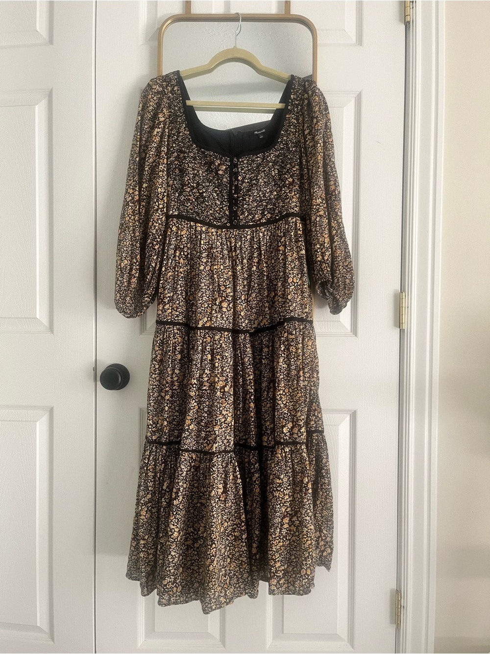 Madewell Black Floral Tiered Midi Dress with Gold Accents